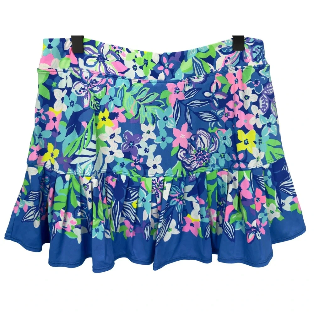 Lilly Pulitzer Luxletic Taye Ruffle Skort Blue Floral Womens Size M Golf Tennis
